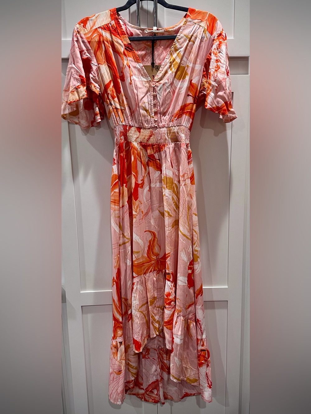 Abel the Label Women's Asymmetrical Floral Midi Dress in Pink and Orange